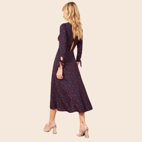 Reformation Navy and Red Zelda Floral Midi Dress w/ Thigh Split Size 2 Sold Out - Picture 2 of 16